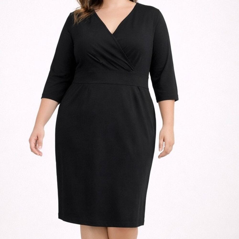 Hanna Nikole Faux Wrap Sheath Dress Plus 22W Ponte Black 3/4 Sleeve Career Party